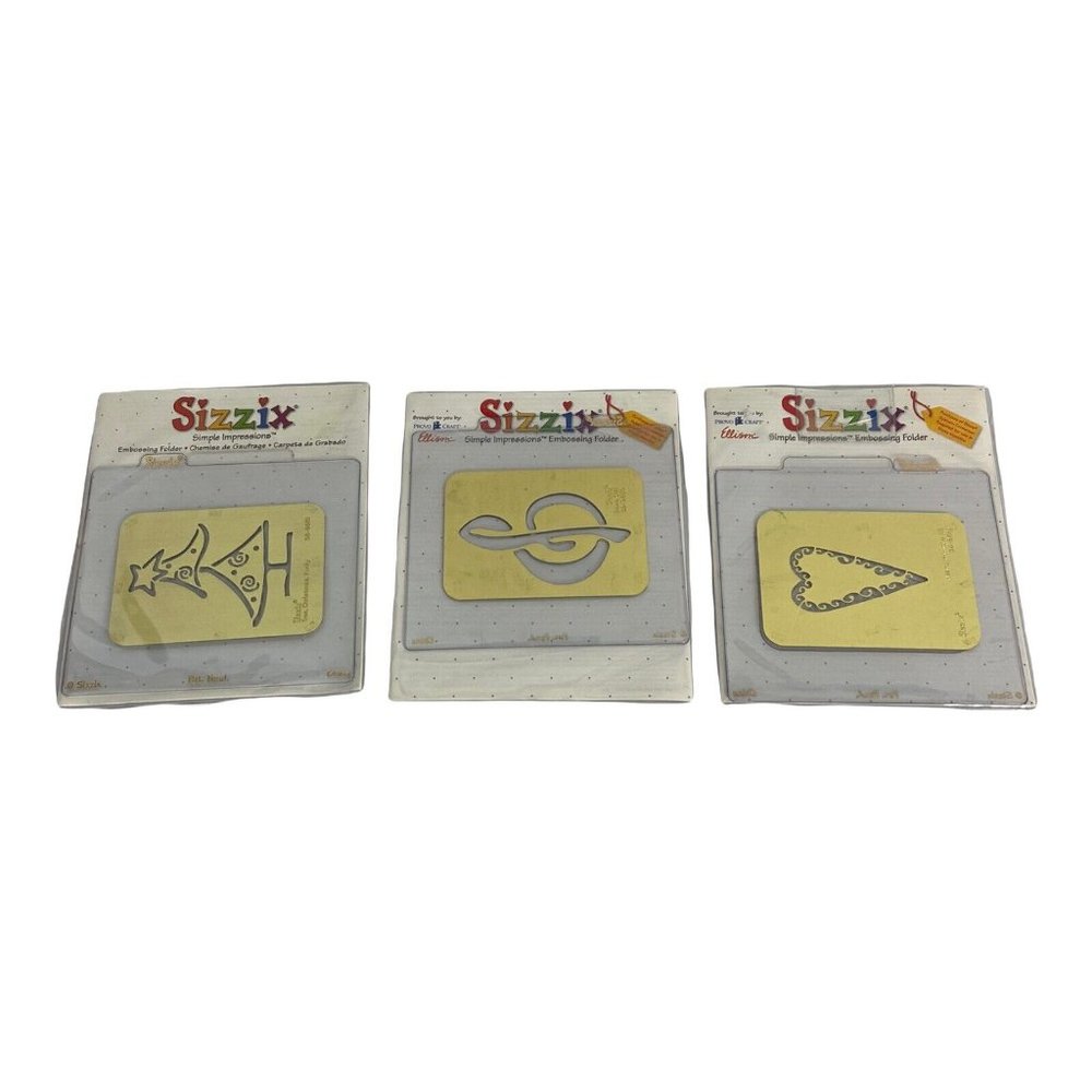 3 Sizzix Metal Embossing Plate, Primitive Heart Funky Christmas Tree Treble Clef